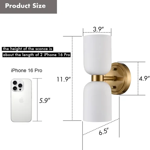 Miniatura 6 de CLAXY Lámpara de pared moderna de baño en oro con vidrio lechoso, accesorios de iluminación de baño con 2 luces regulables Dorado