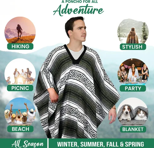 Miniatura 126 de Artisans Bazaar Poncho tradicional mexicano de Baja para hombres y mujeres, auténtico sarape de Gaban, manta de vaquero Pancho Jorongo