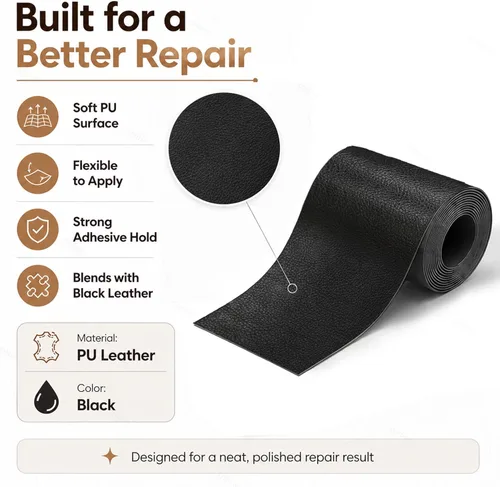 Miniatura 6 de Cinta de reparación de piel de 3 x 60 pulgadas, parche autoadhesivo de reparación de piel para sofás, muebles, asiento del conductor (color negro)
