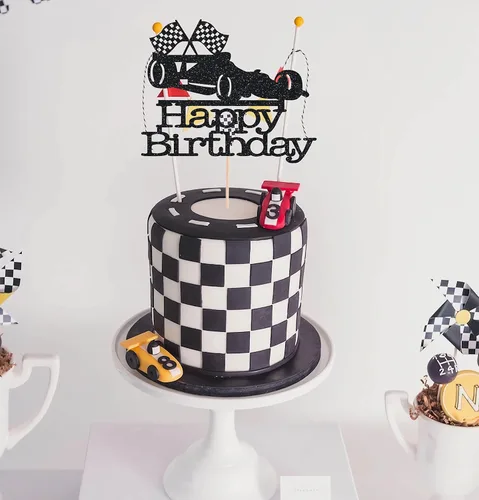Miniatura 4 de Decoración para pastel de auto de carreras, decoración de pastel de cumpleaños con purpurina negra, decoración de pastel de fiesta de feliz