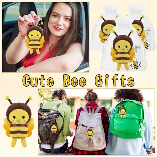 Miniatura 6 de RoundFunny 6 juegos de llaveros de abeja de peluche de 5 pulgadas con tarjetas inspiradoras y bolsas de organza para bodas, regalos de fiesta