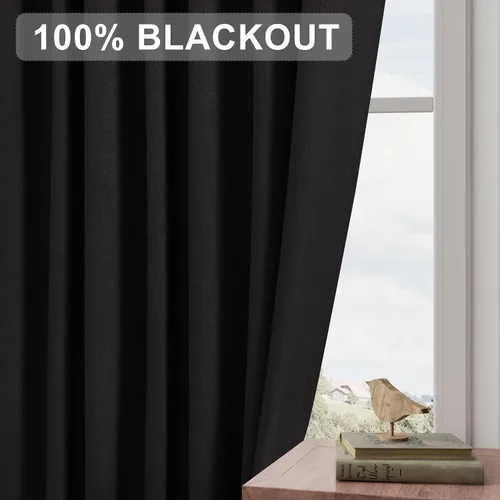 Miniatura 7 de Joywell - 2 cortinas de lino 100% opacas, con bolsillo para cortinero, trabilla trasera, cinta para ganchos y anillas con clip, plisadas, con Negro