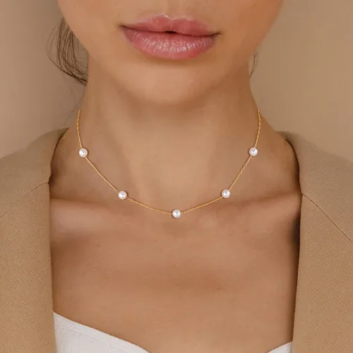Miniatura 3 de Gargantilla de perlas para mujer, delicada cadena de perlas chapada en oro de 14 quilates, joyería de oro simple y moderna, regalo para niñas