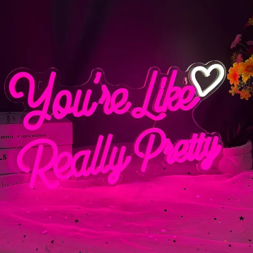 Miniatura 7 de Letrero de neón con texto en inglés "You're Like Really Pretty" para decoración de pared, luz LED de neón en forma de corazón, letreros de neón rosa