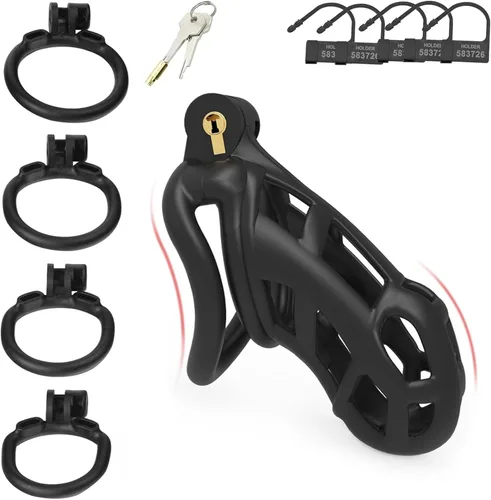 Miniatura 9 de Dispositivo de castidad masculina 2.0 jaula para pene masculino con 4 tamaños de anillos y bloqueo invisible, jaula de castidad ligera para hombre