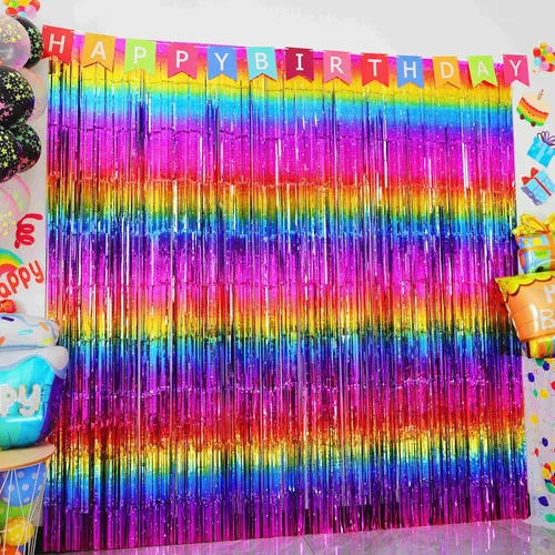 Miniatura 2 de Cortina de Fondo de Flecos de Papel Aluminio Arcoíris Neón Brillante, Serpentinas Metálicas, Accesorios de Cabina de Fotos para Cumpleaños