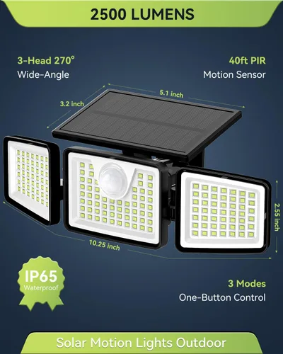 Miniatura 2 de Daphino - Luces solares para exteriores de 2500 lm con sensor de movimiento, luces de calle de 3 cabezales con ángulo amplio de 270°, iluminación