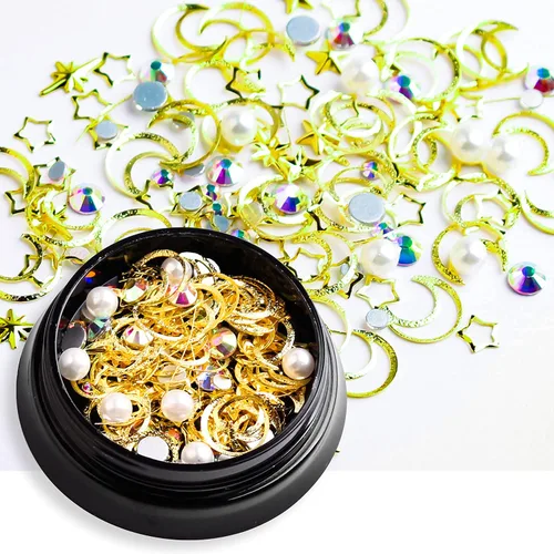 Miniatura 6 de 6 cajas de dijes de uñas 3D dorados, dijes de arte de uñas con parte trasera plana, joyas de diamantes de imitación para uñas, gemas de uñas
