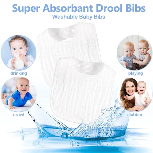 Miniatura 4 de Zhanmai Paquete de 20 baberos de muselina ajustables para bebé, color blanco, 6 capas absorbentes para recién nacidos, niñas, niños, alimentación