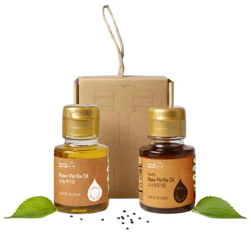 Juego de Aceite de Perilla Coreano K FOOD en Mini (2 × 50 ml / 1.69 fl oz), Aceites de Perilla Prensados en Frío Crudos y con Sabor a Frutas Secas