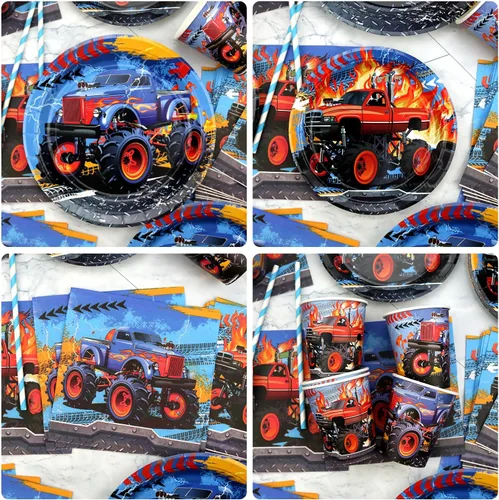 Miniatura 4 de KEFAN Suministros para fiesta de cumpleaños de Monster Truck, juego de decoraciones de fiesta de camión monstruo que incluye telón de fondo, platos