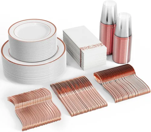 FOCUSLINE Juego de vajilla desechable de 350 piezas para 50 invitados - Platos de plástico resistente con borde de oro rosa, incluye 50 platos de