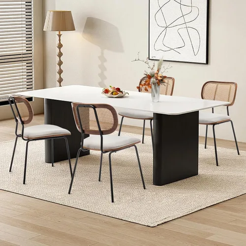 Miniatura 6 de Juego de 2 sillas de comedor de ratán, sillas de comedor modernas de mediados de siglo con respaldo de caña para cocina y comedor, tela de 19 beige