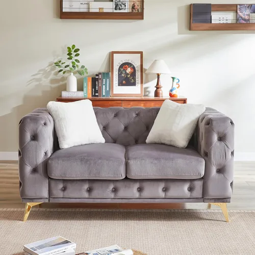 Miniatura 8 de KEIKI Sofá Chesterfield de terciopelo de lujo de 61 pulgadas con 2 almohadas, estilo mediados de siglo con botones copetudos de 2 plazas con cojines
