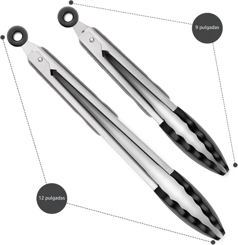 Miniatura 5 de Paquete de 2 pinzas de cocina negras, de silicona premium sin BPA, antiadherentes, acero inoxidable, para barbacoa, para cocinar, asar a la Negro