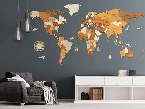 Miniatura 13 de Decoración de pared de mapa del mundo de madera, multicapa, madera teñida multicolor, nombres grabados, diseño 3D único, para cocina, oficina