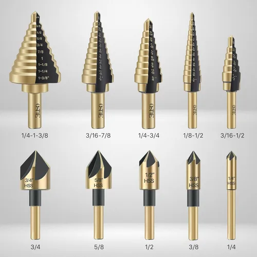 Miniatura 2 de Paquete de 5 brocas escalonadas y 5 brocas avellanadas, 50 tamaños de brocas con revestimiento de titanio HSS para metal, acero inoxidable