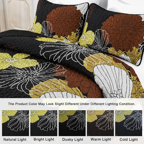 Miniatura 6 de Anibedding Juego de edredón tamaño Queen, colcha floral negra tamaño Queen, juego de colcha de flores bohemias con 2 fundas, juego de edredón de 3