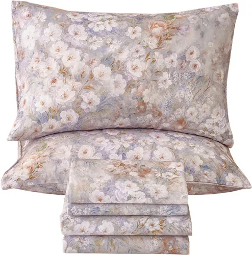 Miniatura 21 de Juego de sábanas de cama floral azul 100% algodón percal tamaño King, diseño vintage chic shabby, con patrón de peonía, ropa de cama suave y Monet