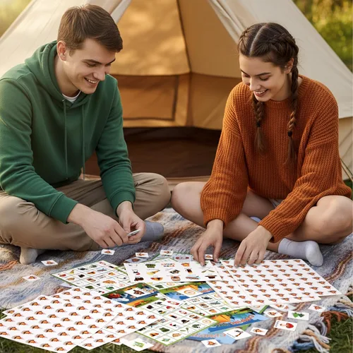 Miniatura 5 de Shappy 35 tarjetas de juego de bingo para acampar con 24 jugadores, juegos de aventura y fiesta, bosque, selva, tarjetas de bingo para actividades