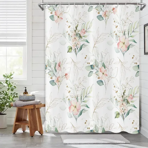 Miniatura 37 de Cortina de ducha de eucalipto, hojas verdes de acuarela en la parte superior con cortina de baño floral, decoración de baño para bañera, tela Hoja