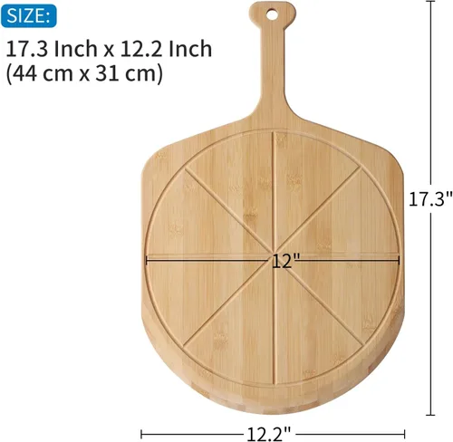 Miniatura 2 de Fiery Chef Pala de pizza de bambú de 12 pulgadas, tabla de cortar de madera ligera y lisa con 8 ranuras para rebanadas, accesorios para horno