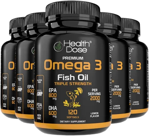 Miniatura 12 de Health Dose Aceite de pescado Omega 3 de 2000 mg – Cápsulas blandas con sabor a limón con EPA 800 mg y DHA 600 mg para apoyo al cerebro, corazón