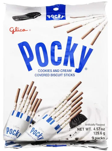 Glico Pocky, palitos de galletas cubiertos de crema y galletas, 9 paquetes individuales, bolsa de 4.57 onzas, caja de exhibición de 5 unidades