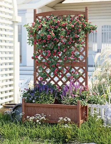 Miniatura 6 de GarveeLife Paquete de 2 macetas altas de madera con enrejado, cama de jardín elevada de 61.5 pulgadas de alto sobre ruedas, maceta vertical