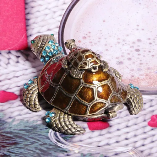 Miniatura 6 de Waltz&F Joyero de tortuga con cristales verdes claros brillantes, caja de baratijas con bisagras, figura pintada a mano, soporte para anillo