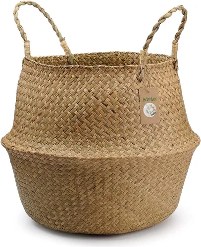 AchNau - Canasta tejida de hierba marina natural, plegable, con asas, para almacenamiento, juguetes, lavandería, guardería, maceta, decorativa, S