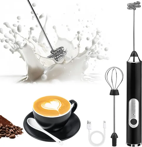 Espumador de leche de mano, varita espumadora de café recargable con 2 batidores de acero inoxidable 3 velocidades, mezclador de bebidas, máquina de