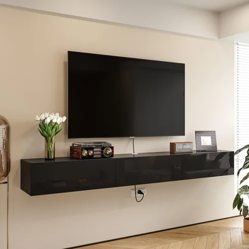 Miniatura 2 de FurniNova Soporte flotante para TV con 3 puertas, moderno mueble flotante para consola de TV con almacenamiento, estante flotante de madera Negro