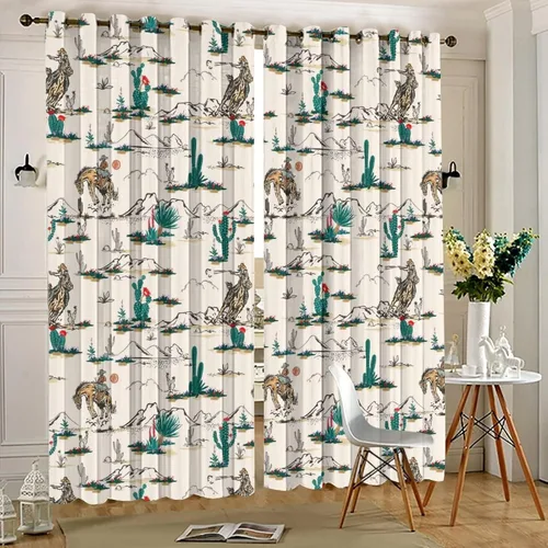 Miniatura 5 de Cortinas opacas retro de vaquero occidental para dormitorio, estilo rústico, cactus, salvaje oeste, vaquero, paseo, caballo, con ojales, aislamiento