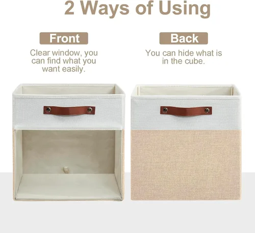 Miniatura 7 de Bagnizer Cubos de Almacenamiento, Paquete de 4 Contenedores de Almacenamiento Plegables de Lino (13 x 13 pulgadas) con Ventana Transparente y Asas