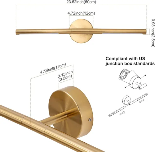 Miniatura 6 de Lámparas doradas para baño sobre espejo de 24 pulgadas, 18W 360° Giratorias Regulables 4000K Lámpara de Tocador LED de Latón, Luces de Tocador