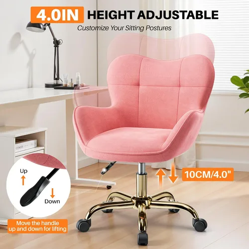 Miniatura 6 de Silla de tocador con ruedas, bonitas sillas de escritorio de altura ajustable para dormitorio, silla de maquillaje moderna con respaldo (rosa)