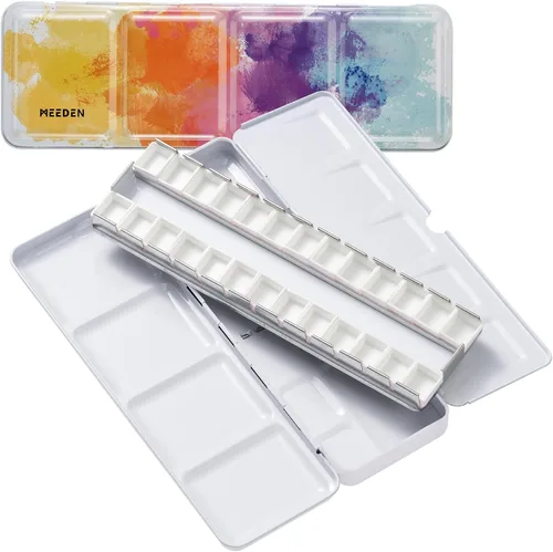 Miniatura 14 de MEEDEN Paleta de pintura de acuarela vacía: paleta de colores de agua de viaje con 12 medias sartenes - Caja de lata portátil de paleta de metal