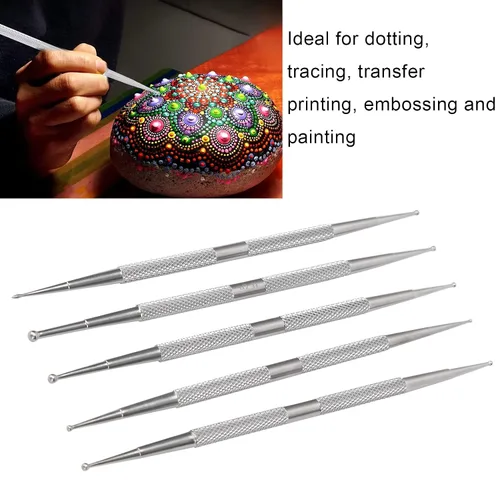 Miniatura 8 de Juego de 5 bolígrafos punteados para arte de uñas de doble extremo, herramientas de pintura de puntos de acero inoxidable de 2 vías para manicura