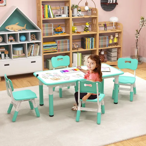 Miniatura 2 de Costzon Juego de mesa y 4 sillas para niños, escritorio y sillas para niños pequeños de altura ajustable con escritorio de graffiti, patas Verde