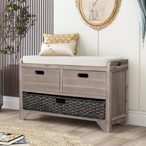 Miniatura 21 de SOFTSEA Banco de Almacenamiento Tapizado, Otomana de Almacenamiento con Cesta Removible y 2 Cajones, Banco de Zapatos de Estilo Granja con Cojín