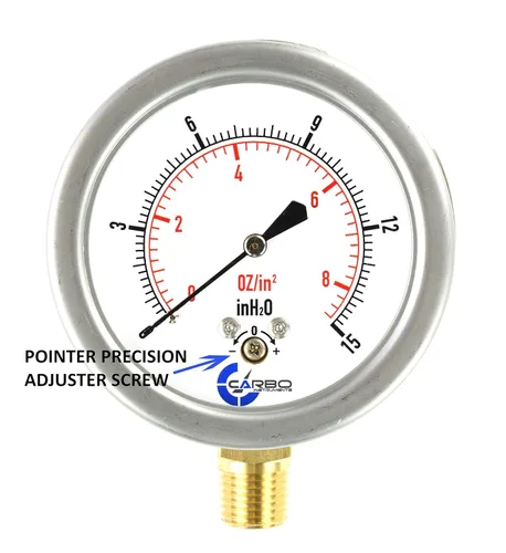 Miniatura 7 de Diafragma baja presión cápsula manómetro, 2-1/2" dial, 0-8 oz/0-15in H2O Rango, 1/4" NPT montaje inferior, caja de acero inoxidable, latón internos
