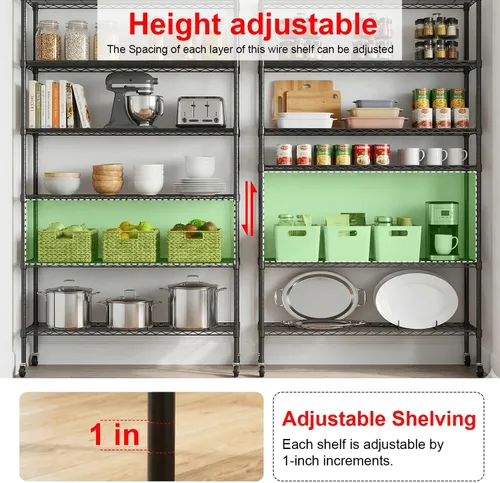 Miniatura 7 de PayLessHere Estante de alambre de 6 niveles con ruedas 48 x 18 x 82 pulgadas Negro Estantes ajustables Estantes de almacenamiento de alta