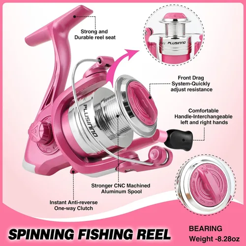 Miniatura 4 de Combos de caña de pescar y carrete, regalos de equipo de pesca para mujeres con carrete giratorio, señuelos, línea, kit de caña telescópica rosa