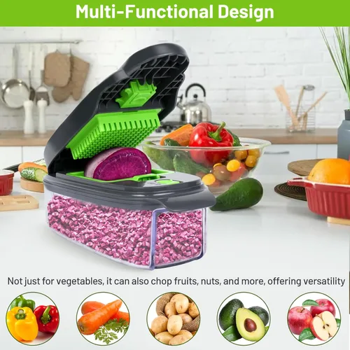 Miniatura 4 de Picador de verduras 13 en 1 Picador de cebolla · Picador de verduras con recipiente · Picador de ensalada · Cortador de patatas – Regalo
