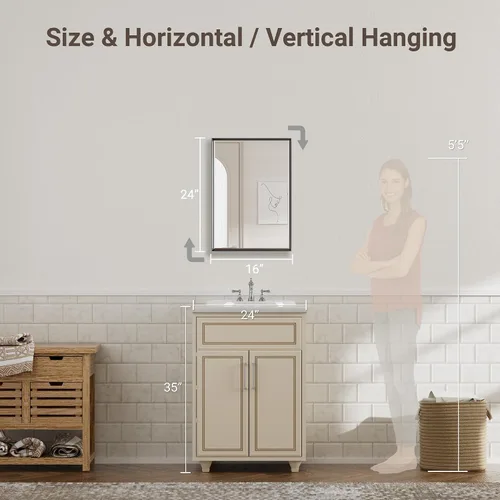 Miniatura 2 de Espejo de baño negro, espejo de baño biselado de 16 x 24 pulgadas para pared, espejo con marco negro antioxidante para decoración de baño, sala