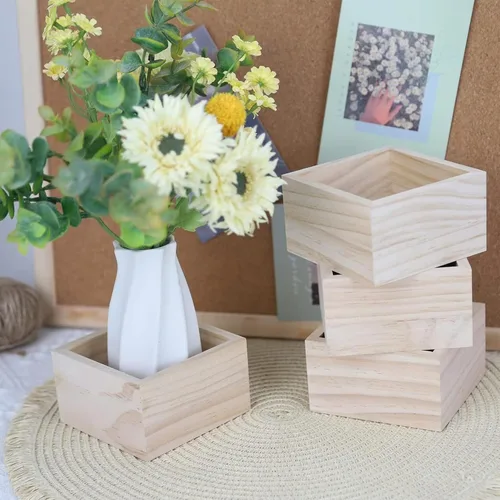 Miniatura 6 de Anktily 4 Pack Cajas Organizadoras de Almacenamiento de Madera para Manualidades Sin Acabar, Caja de Madera Cuadrada Pequeña de 3 x 3 x 1.6