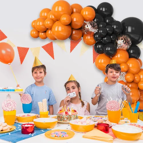 Miniatura 6 de Kit de arco de globos naranjas y negros, 130 globos de confeti de oro rosa para decoración de Pascua, cumpleaños, Halloween, fiesta de cumpleaños