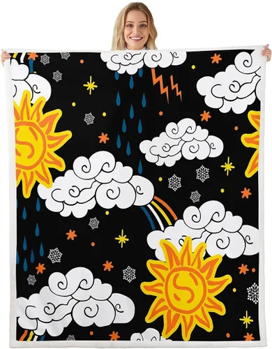 Clouds and Sun Throw Flannel Blanket,Rain Stars Fleece Throw Blanket for Home Decor Sofa Couch,Cartoon Style Fleece Blankets,40"x50"