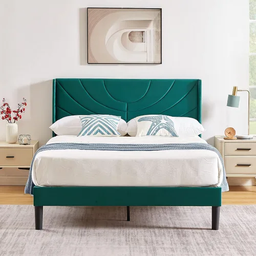Miniatura 7 de VECELO Base de cama tapizada tamaño Queen con cabecera de tela, soporte de listones de madera, no necesita somier, base de colchón, color verde